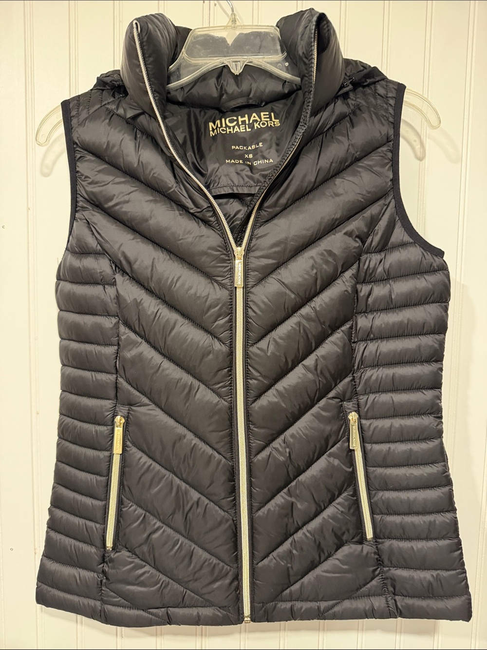 Michael Kors Black Quilted Packable Puffer Vest with Gold Zippers
